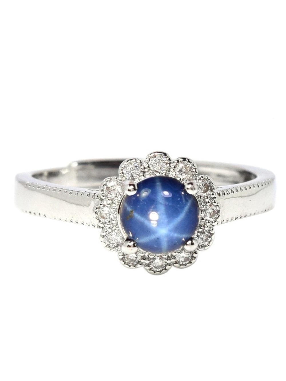 Natural Blue Star Sapphire with zircon Halo 925 Sterling Silver Ring Sz 8.25-9